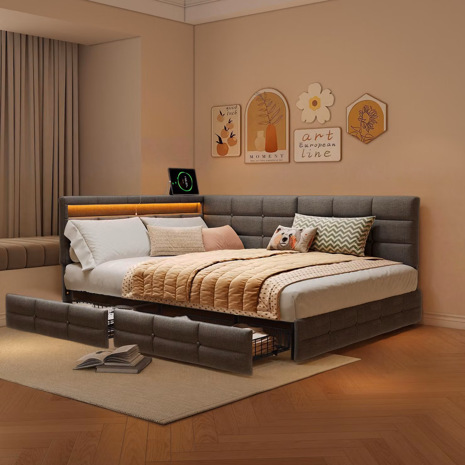 Letto per ragazzi UnboxG 140x200 cm con USB e Type-C, letto per bambini/divano letto con cassetto e vano portaoggetti, letto con contenitore e LED, divano letto classico grigio