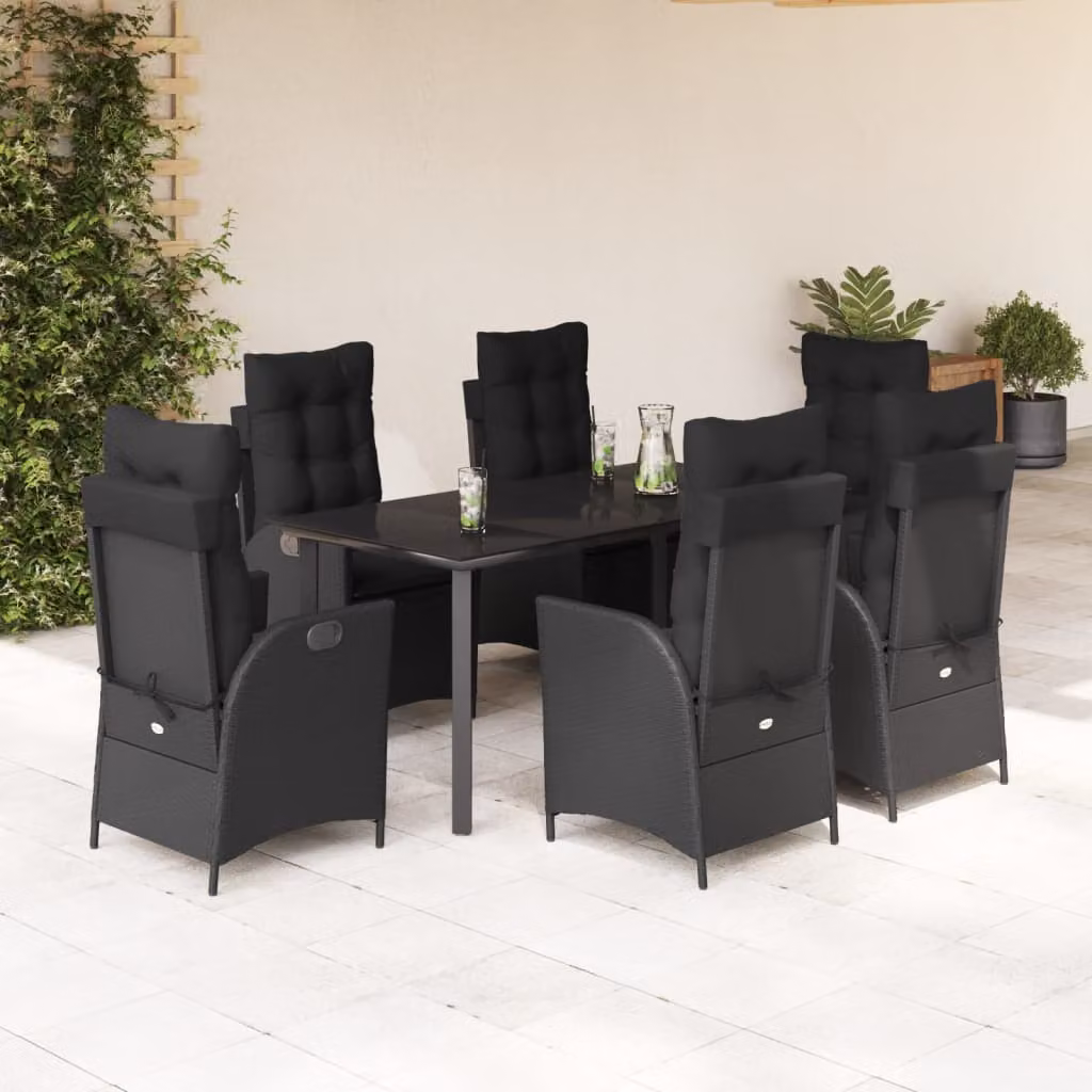 Set da Pranzo da Giardino vidaXL 7 pz in Polyrattan Nero con Piano in Vetro – 1
