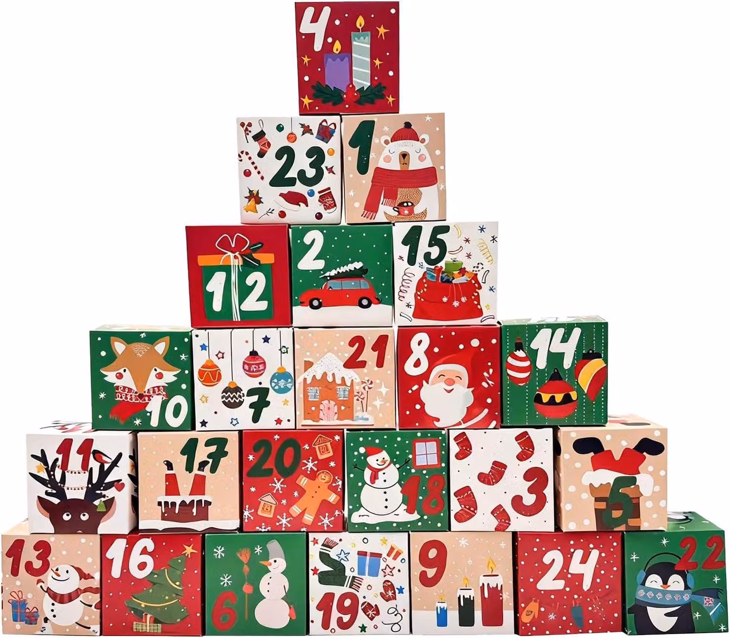 Calendario dell'Avvento da riempire, con 24 piccoli contenitori decorati con motivi natalizi (rossi e verdi) – perfetto per piccoli regali