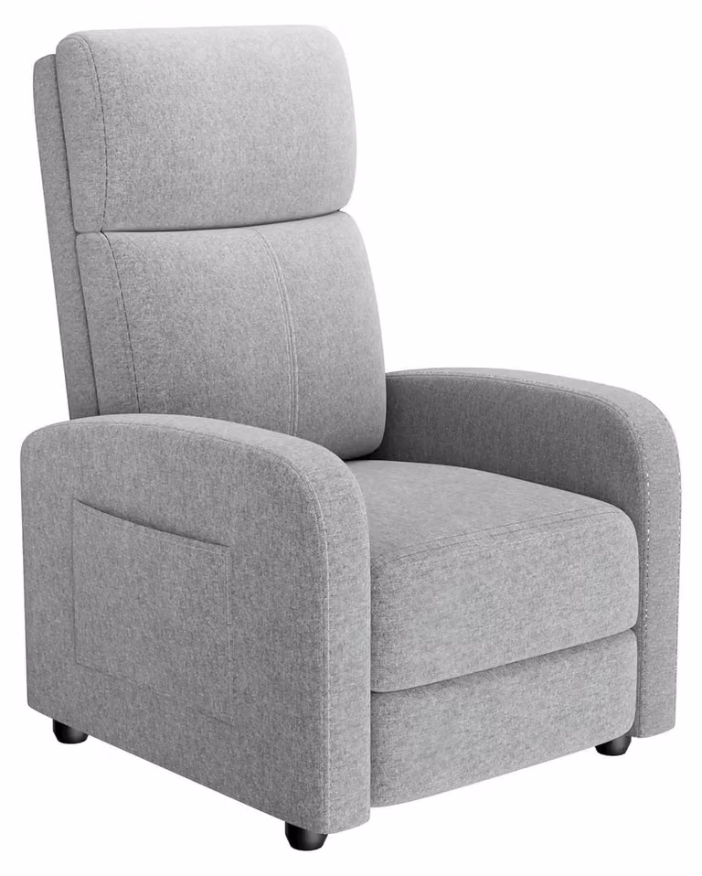 Poltrona relax per soggiorno - Recliner manuale - Schienale alto - Regolazione push-back - Braccioli larghi - Imbottitura morbida - Rivestimento in tessuto - Grigio chiaro