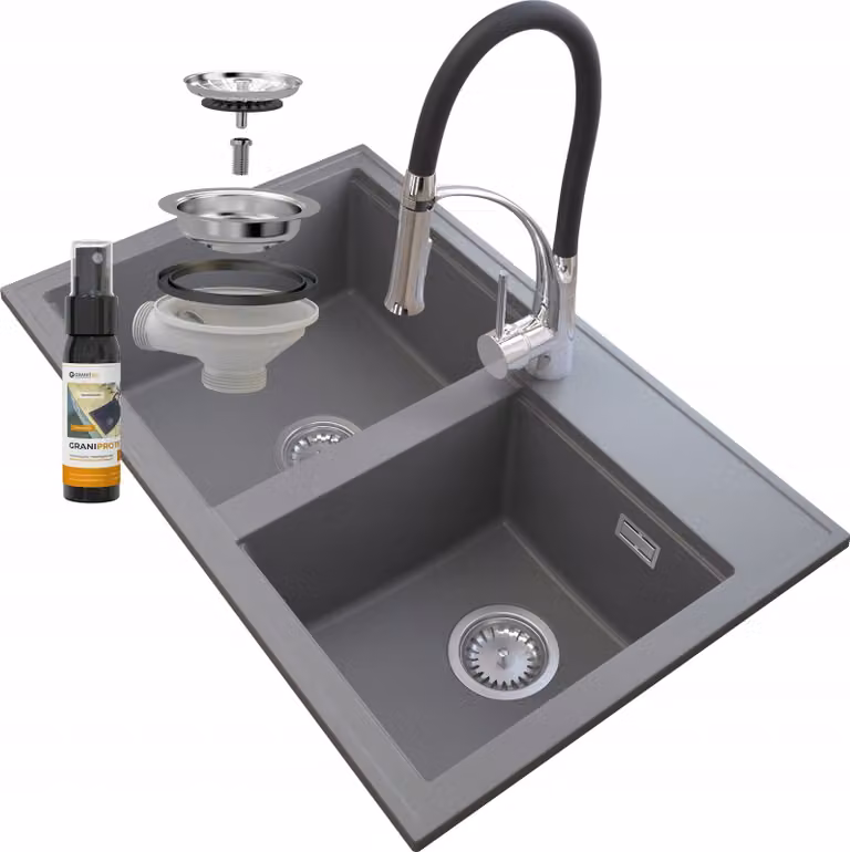 Granitan - Lavello in granito - Lavello da cucina - 2 vasche - 80x50 cm - Grigio - con rubinetteria NEXO e sifone - HEKTOR
