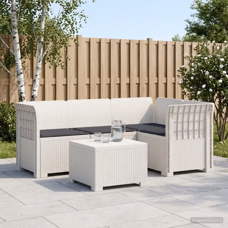 Set da giardino vidaXL moderno a forma di L con divano da esterno, elemento angolare e tavolino da caffè in polyrattan, colore grigio e bianco con cuscini imbottiti e rivestimenti rimovibili