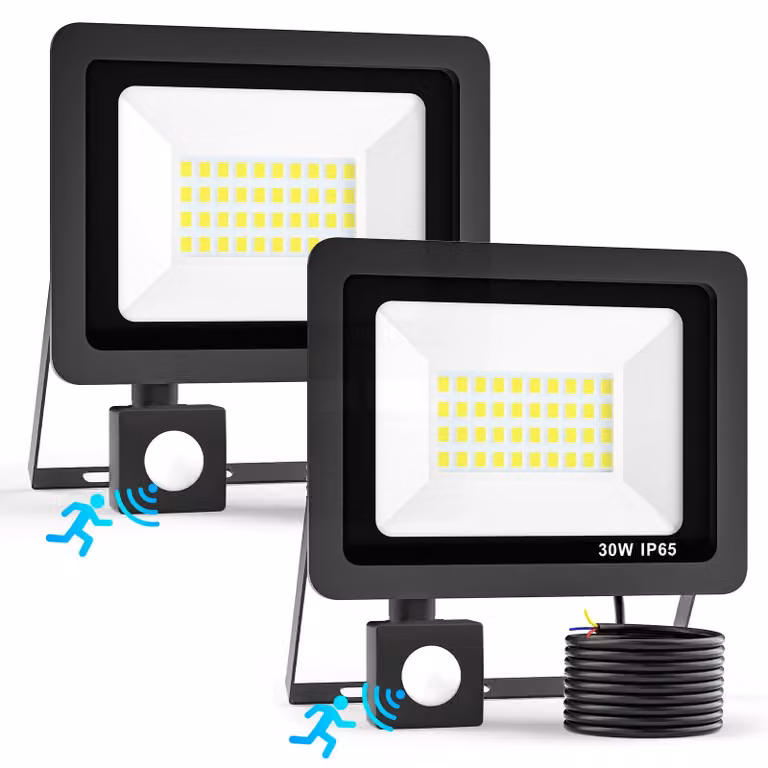 Faretto LED da esterno, 30W, 3000 lumen, luce bianca fredda, confezione da 2, con sensore