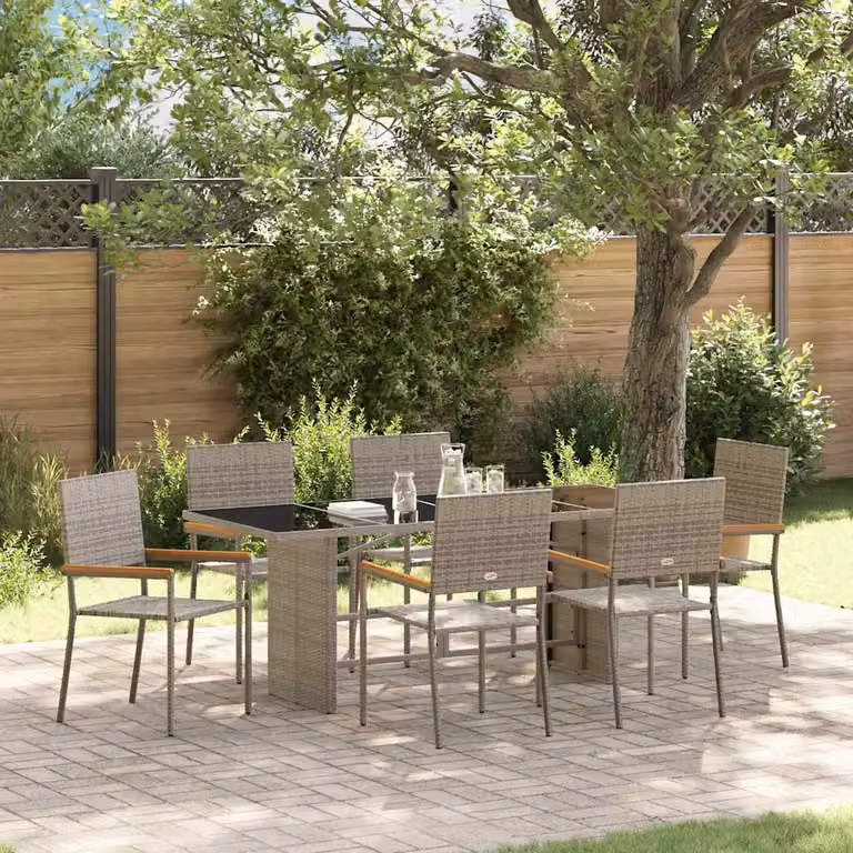 Set da pranzo per giardino e terrazzo vidaXL in polyrattan e legno di acacia da 7 pezzi, colore grigio e marrone con piano in vetro