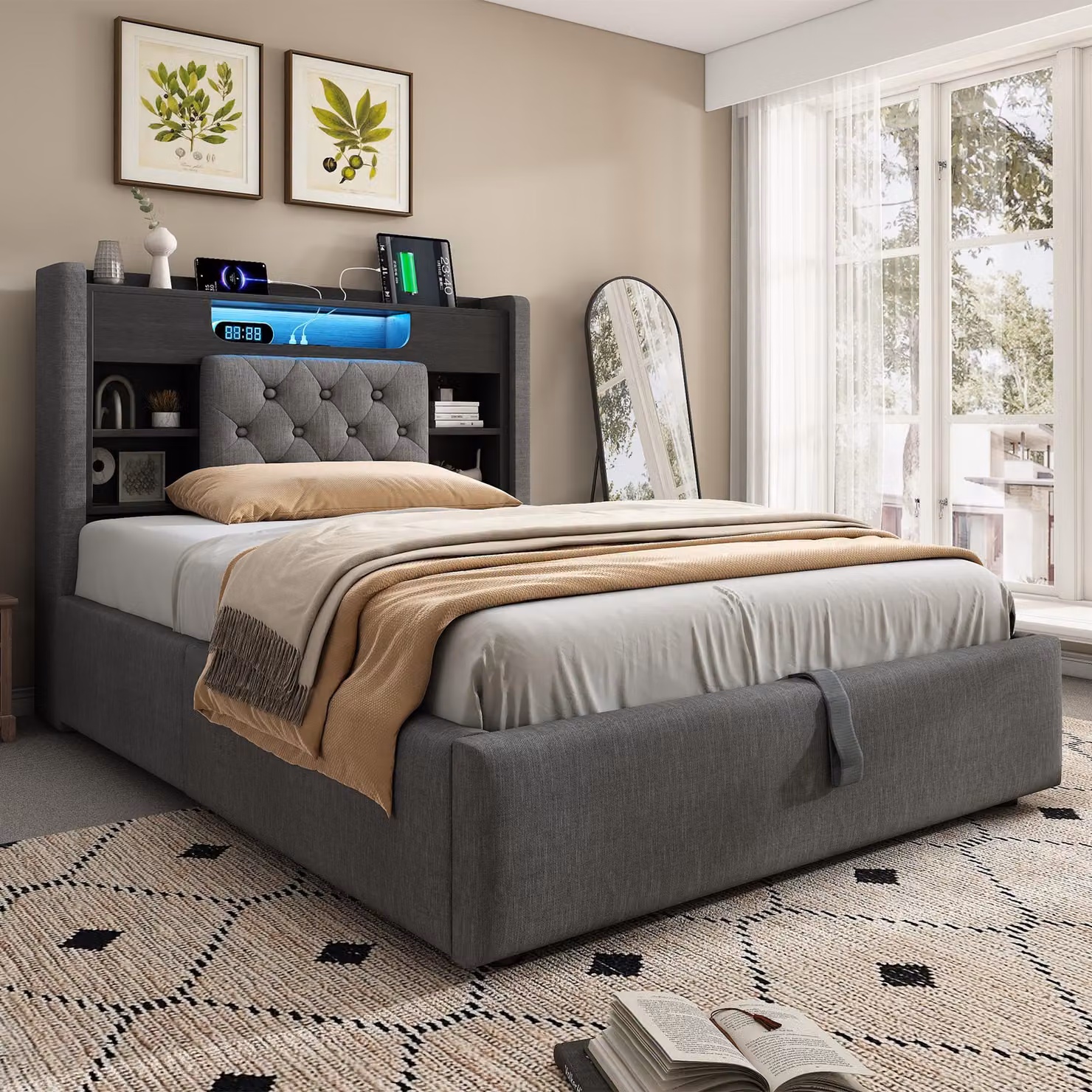 Letto imbottito STILVORA 90x200 cm con materasso, rete con contenitore idraulico e luci a LED, letto funzionale con funzione di ricarica USB/Type-C, letto con contenitore e mensola sulla testiera, tessuto di lino grigio