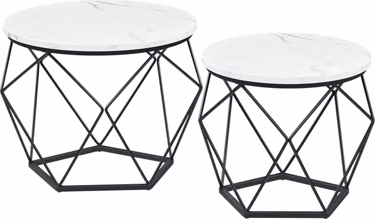 VASAGLE Tavolini rotondi, set di 2 tavolini, stile moderno, piano estraibile, struttura in acciaio, per soggiorno, bianco e nero