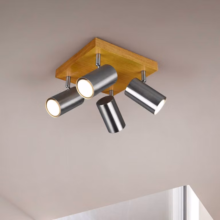 Trio Lighting Faretto da soffitto Marley, nichel opaco, a 4 luci dimmerabile, Legno chiaro, Soggiorno / Sala da pranzo, Legno, Moderno, Faretto