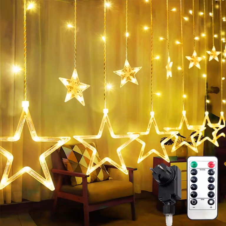 Catena luminosa a forma di stella, luce bianco caldo, 138 LED, 10 metri, 8 modalità