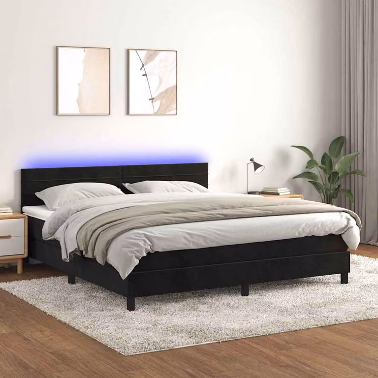 Letto Ibrido vidaXL con Materasso e Illuminazione LED in Velluto Nero L/P: 180 x 200 cm