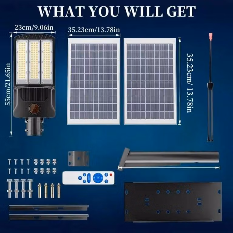 Lampione solare - Lampada esterna a LED - 8000 W - 2 pannelli solari - Sensore di luminosità - Grado di protezione IP67 - Dimmerabile - Batteria al litio