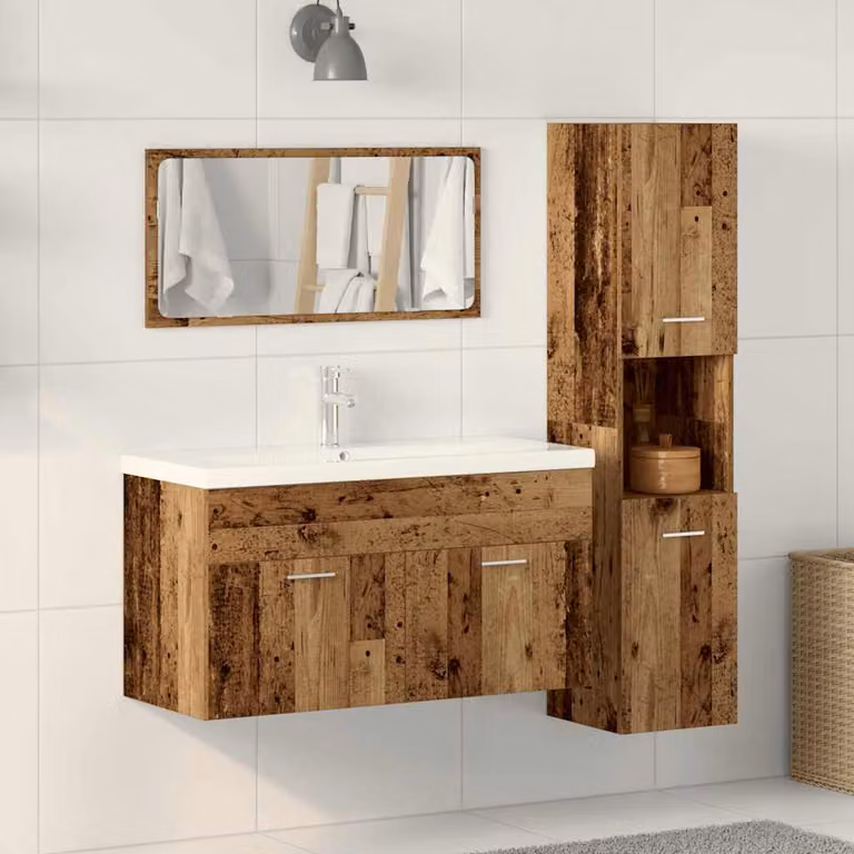 Set di mobili da bagno vidaXL 3 pezzi in legno color marrone antico con specchio e armadietto L/P/H: 90,0 x 38,5 x 46,0 cm