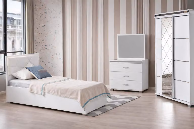 Set moderno per camera da letto per adolescenti, composto da letto, armadio e tavolino da trucco