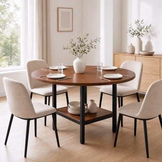Tavolo da pranzo rotondo Ø100 cm con ripiano, MDF effetto noce e metallo