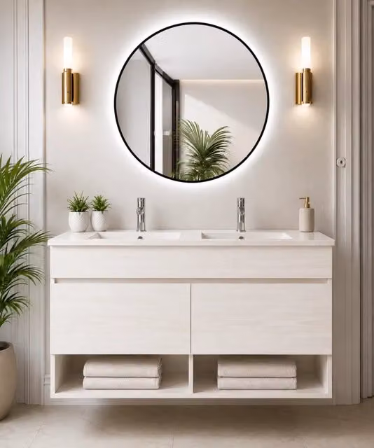 Mobile bagno sospeso con lavabo ORIGENBATH NEBARI con ante 120x45 cm doppio lavabo bianco nordico