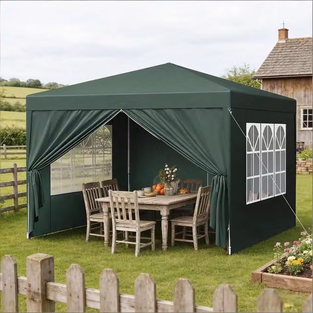 Gazebo da giardino pieghevole con pareti laterali e altezza regolabile in ferro e tessuto Oxford verde