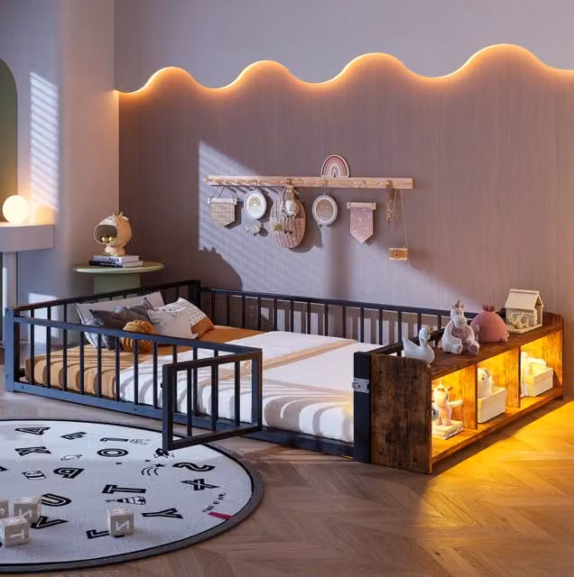 Letto singolo in metallo 140 x 200 cm nero con sponda, vano portaoggetti e LED