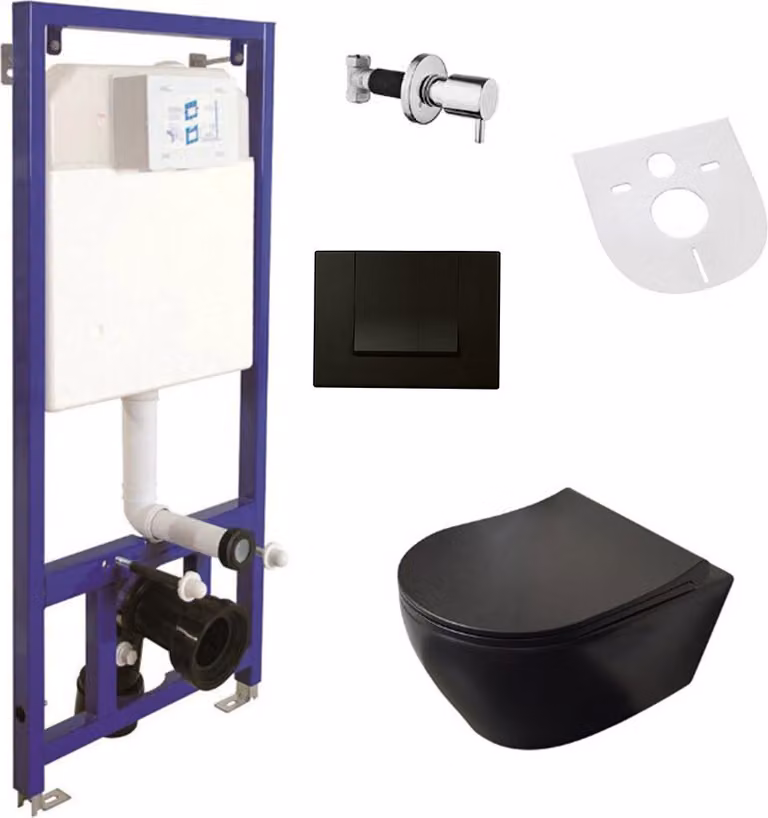 WC sospeso Belvit nero opaco con funzione Taharet/bidet, set completo di WC sospeso senza bordo con chiusura ammortizzata, elemento pre-murale, isolamento acustico e valvola di chiusura