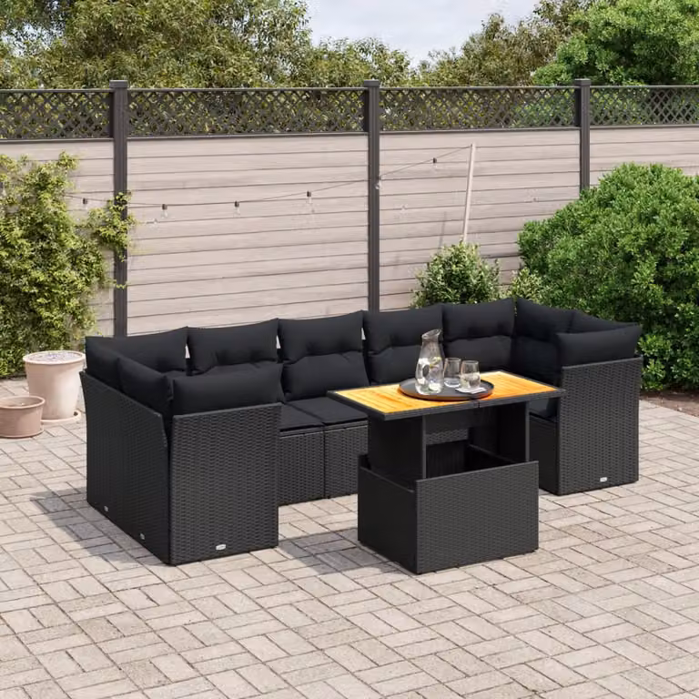 Set di divani da giardino vidaXL in polyrattan nero con cuscini 8 pz e tavolino da esterno a forma di L