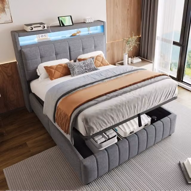 Letto matrimoniale 140 × 200 cm con LED a colori, presa USB, mensole e vano idraulico, senza materasso, grigio
