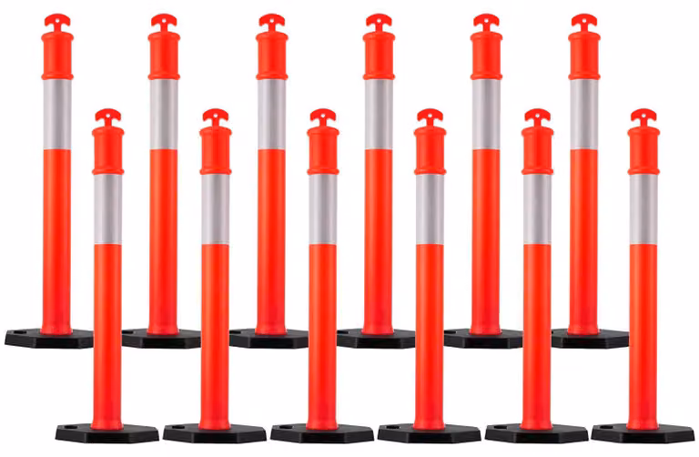 SucceBuy Pali segnaletici 12 pezzi (114 cm) con base stabile e strisce riflettenti, pali di delimitazione per cantieri, parcheggi e gestione dei flussi di persone, rossi