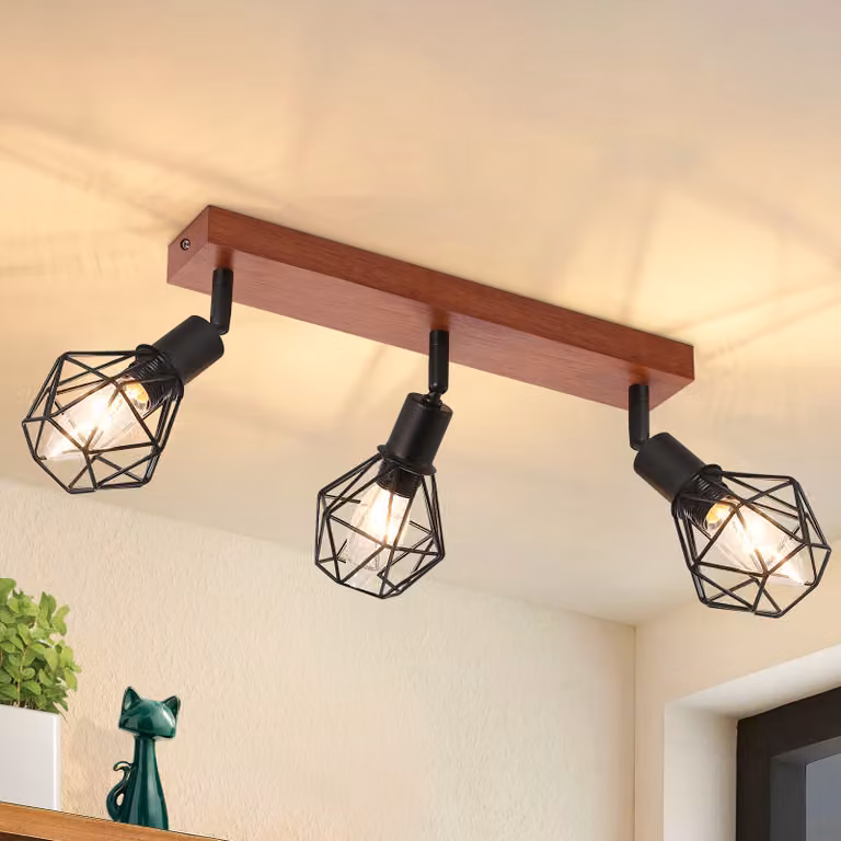ZMH Faretto da soffitto nero a 3 luci E14 vintage, orientabile a 350°, in metallo e legno, di forma squadrata, faretto da parete per soggiorno, corridoio e camera da letto