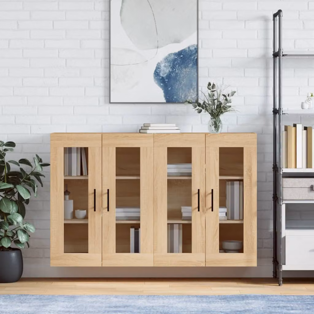 Set di 2 armadietti a parete vidaXL in legno e vetro con ante in vetro, colore rovere e beige, stile minimalista