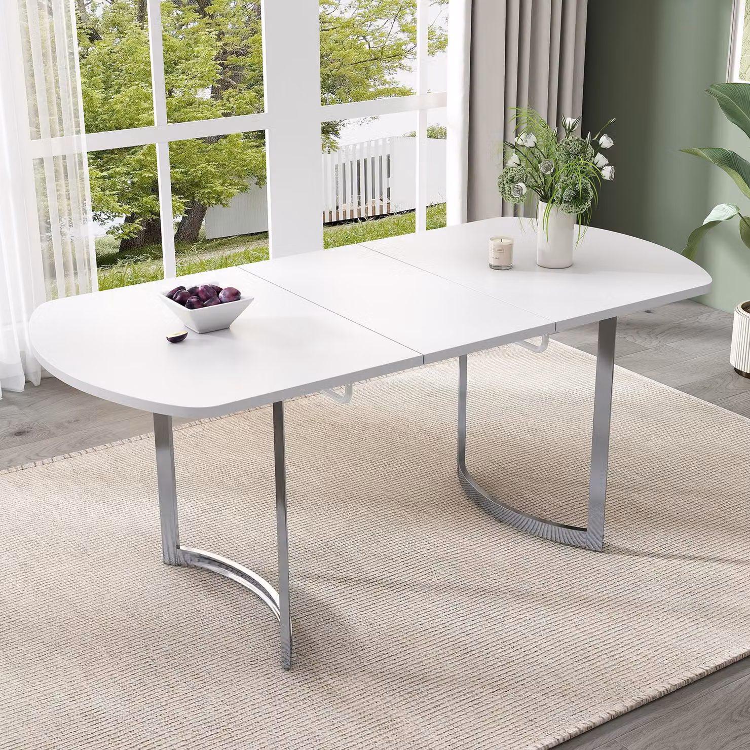 MODFU Tavolo da pranzo Tavolo allungabile 140/180*80 cm, gambe in metallo argento, tavolo multifunzionale per il tempo libero, adatto per 4-6 persone, bianco + gambe argento