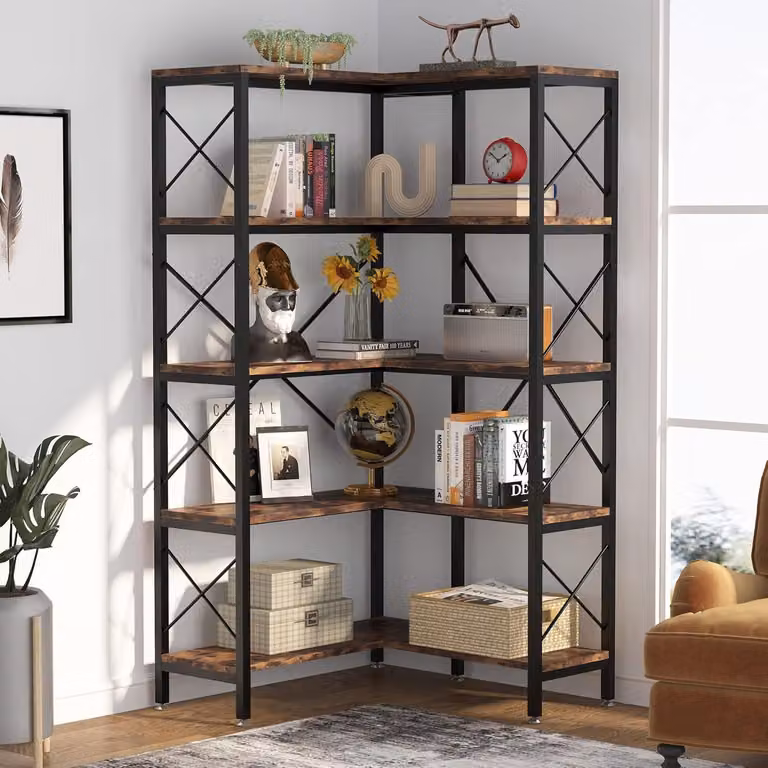 Libreria angolare industriale, marrone, con 5 ripiani, scaffale aperto