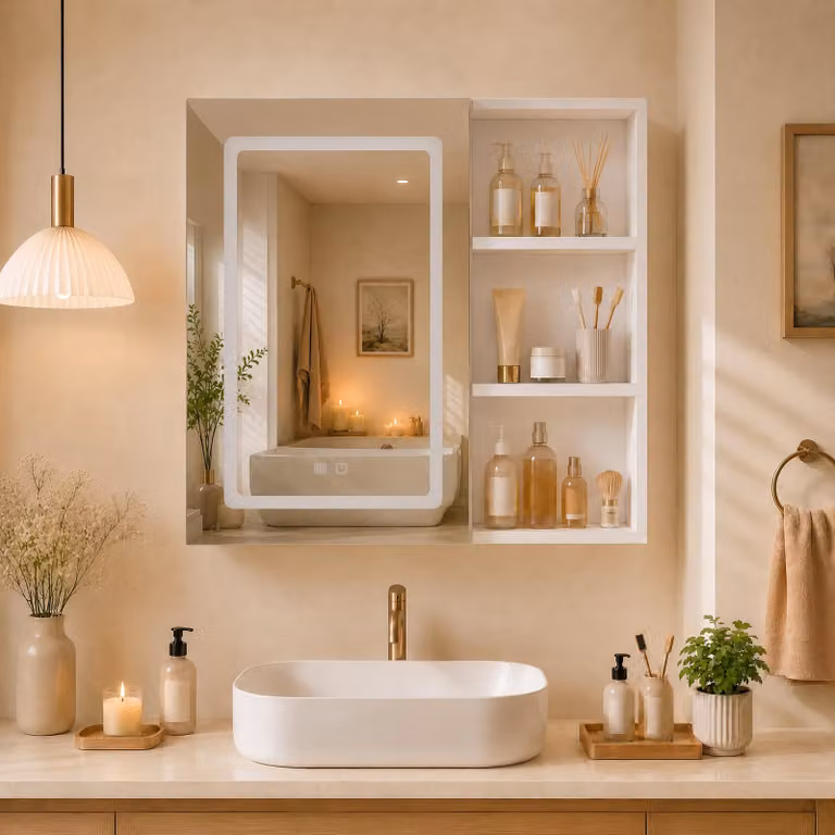 Mobiletto specchio LED per il bagno, dimensioni 60,2 x 60,2 x 15,2 cm, con 1 anta specchio, ripiano laterale, 3 tonalità di luce e funzione antiappannamento, mobiletto da bagno