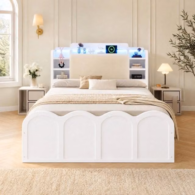 Letto contenitore Mivray con base idraulica, testiera imbottita e illuminazione LED con porte USB e USB-C, colore bianco, L/P/H: 90 x 200 x 95 cm – 1