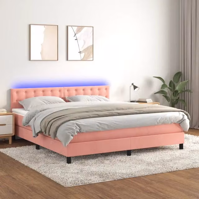 Letto matrimoniale vidaXL in velluto rosa con materasso ibrido, illuminazione LED sottostante e porta USB, L: 160 cm, P: 200 cm, H: 88 cm