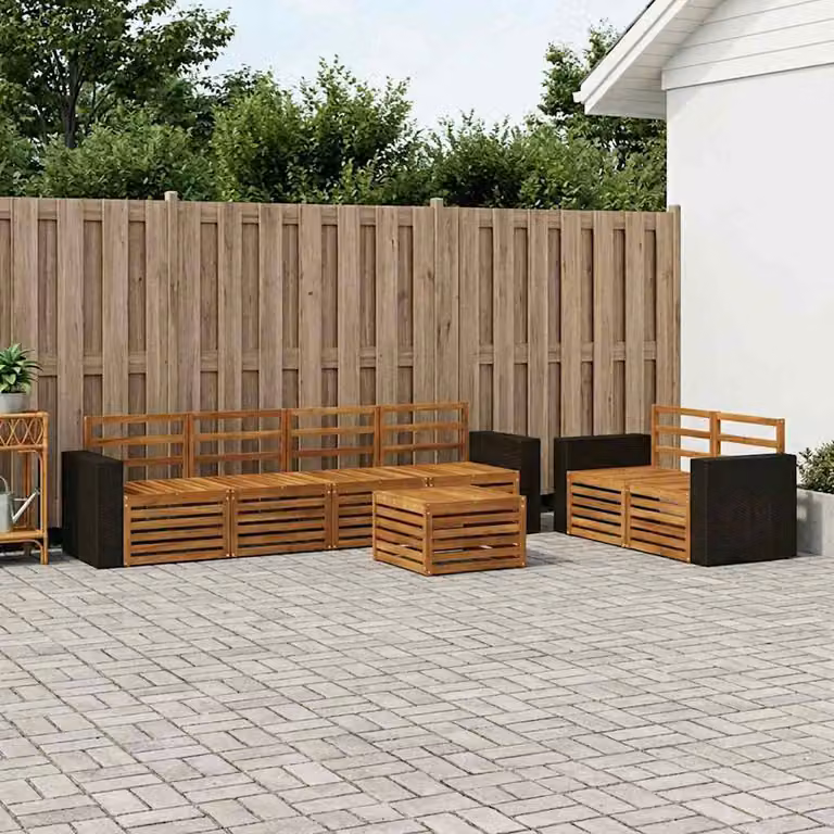 Set di divani da esterno vidaXL in legno di acacia massello marrone con cuscini e tavolino da caffè, composizione a L per giardino e terrazza