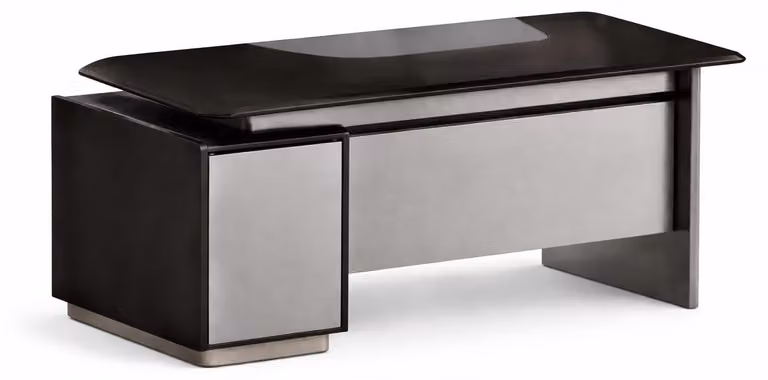 Scrivania da ufficio elegante, nera, con frontale in metallo e spazio di archiviazione, ideale per manager