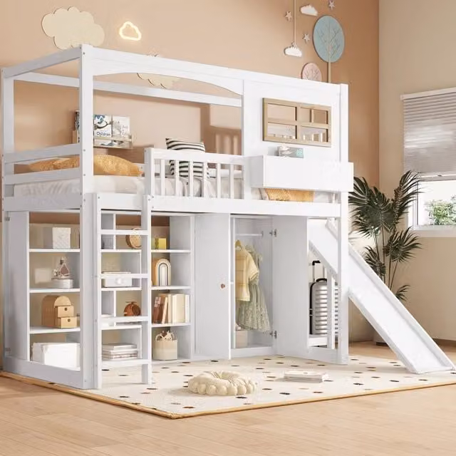 Letto a castello per bambini 251x156x180 cm con scivolo; ripiani e armadio in legno; bianco e naturale