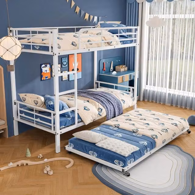 Letto a castello OKWISH in metallo bianco con letto estraibile per bambini, L/P/H: 204 x 90 x 160 cm – 1