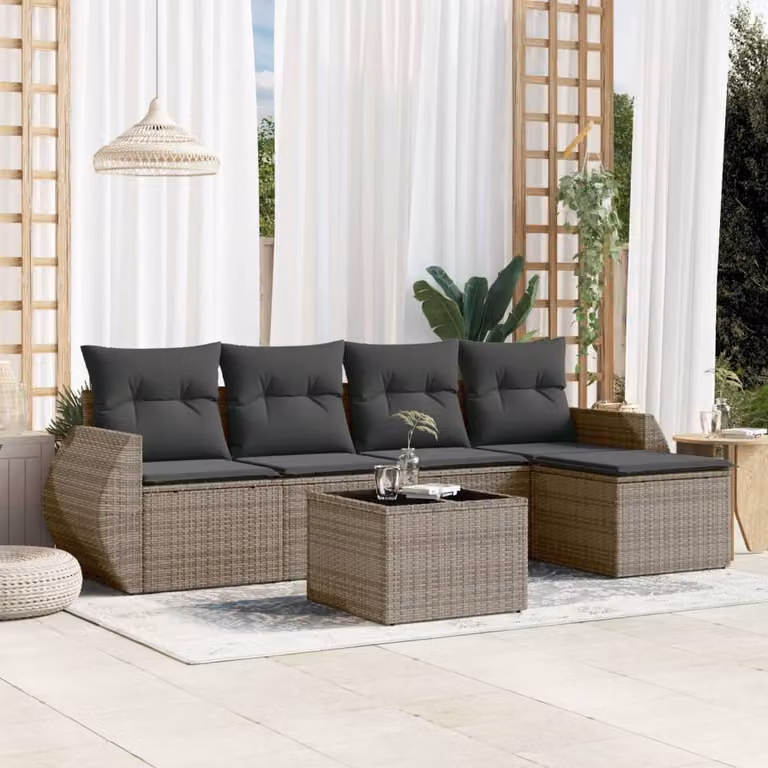 Set Divano da Giardino a L vidaXL 6 pz con Cuscini Grigio in Polyrattan e Struttura in Metallo