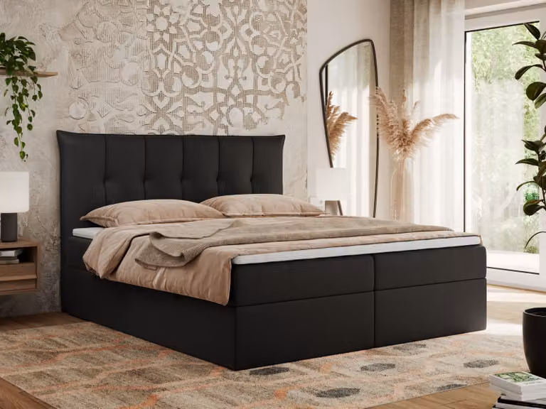 MKS MEBLE Letto boxspring 160x200 con contenitore e materasso H3, letto imbottito 160x200 con contenitore, letto 160x200 con spazio di stivaggio e topper - Premium-10 - Pelle finta nera