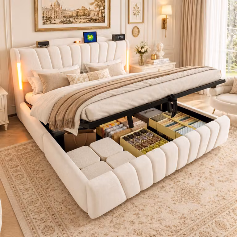 Letto imbottito 180x200 cm con spazio contenitore a sollevamento idraulico, testiera Smart-LED con prese USB e Type-C, luce notturna, rivestimento in velluto e struttura con piedi rialzati, colore beige