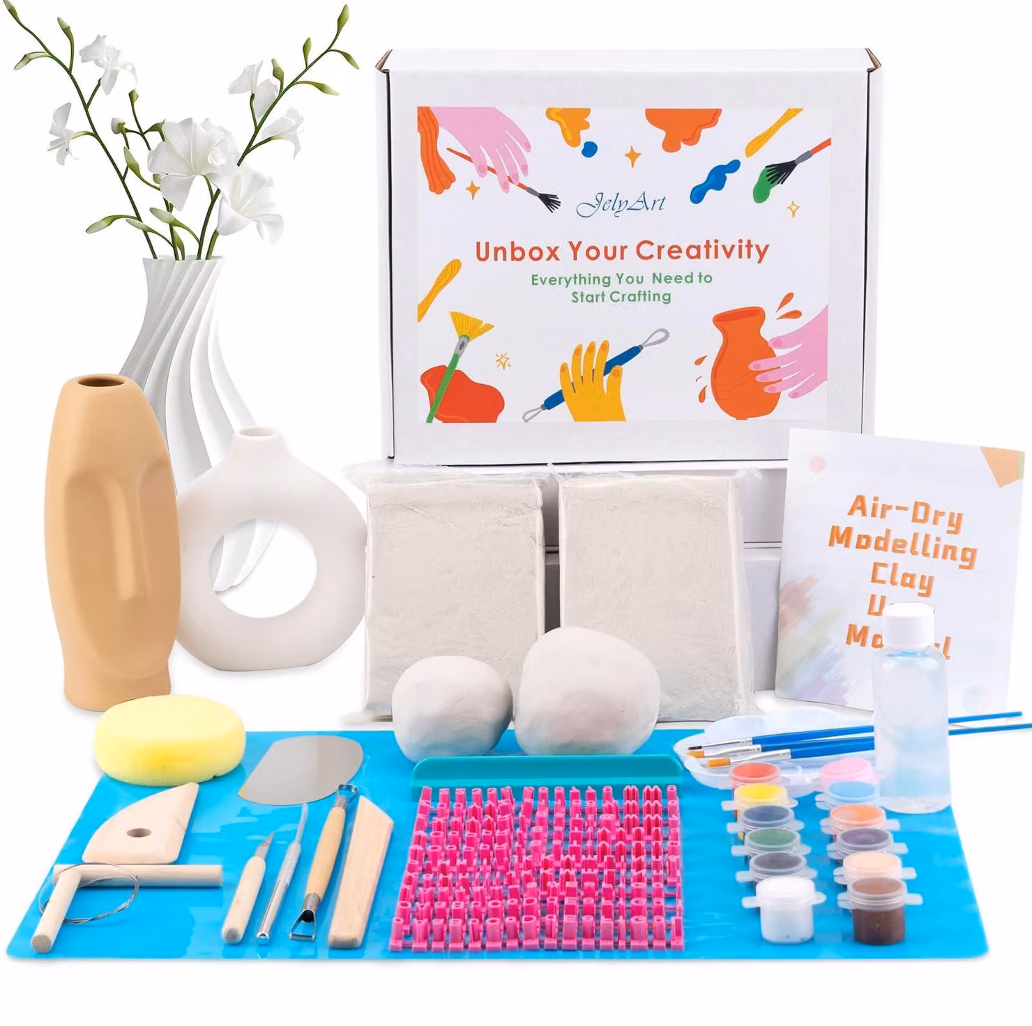 Set per la creazione di ceramiche in argilla da asciugatura all'aria, ideale per principianti, completo di vernici e strumenti