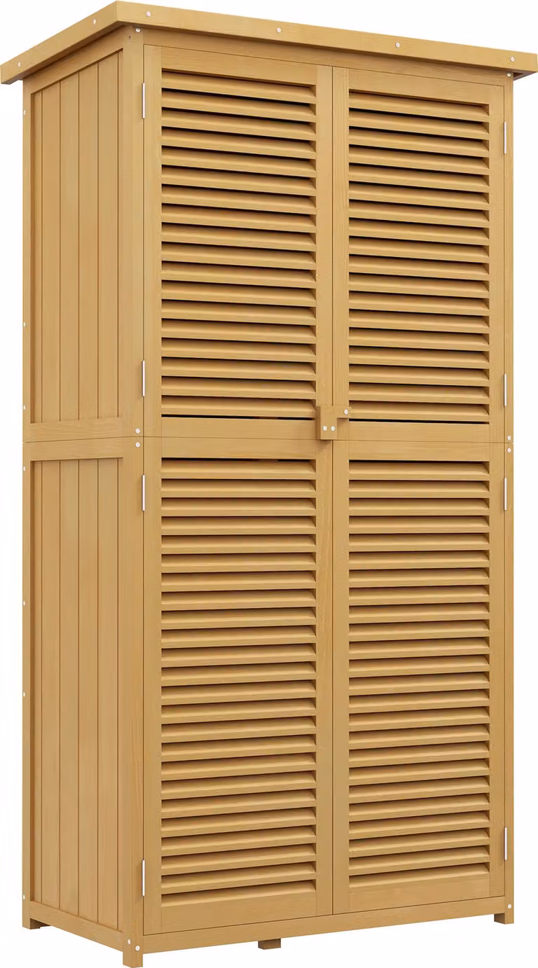 Armadietto Moonbite, dimensioni 87x46,5x160 cm, con ante a listelli e 2 ripiani, casetta da giardino realizzata in legno di pino e abete oliato, tetto bituminoso, serratura, materiale: legno, colore: giallo