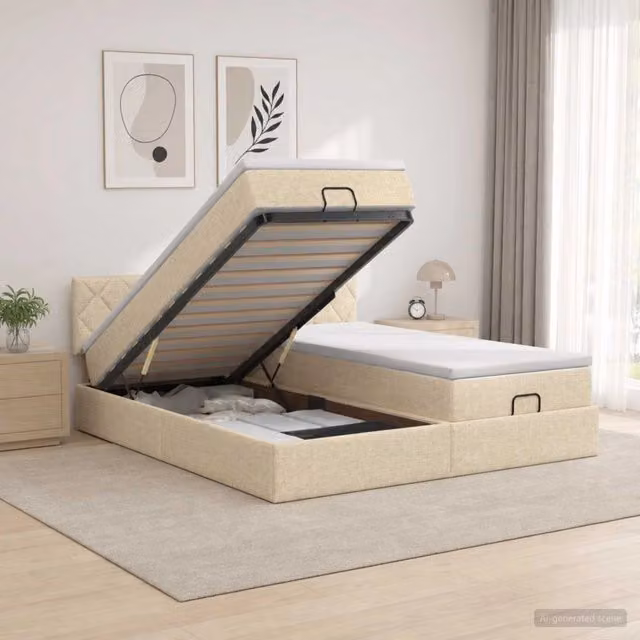 Letto ottomano con materasso e testiera vidaXL in tessuto beige e bianco L/P/H: 180 x 200 x 88 cm