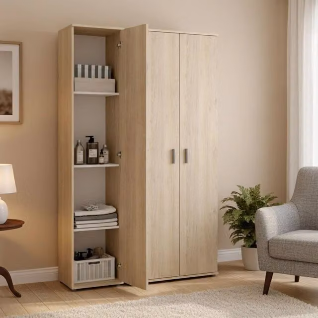 Armadio Multiuso Casciano DMORA con 9 Ripiani, Colore Marrone Rovere e Beige, L: 100 cm, H: 190 cm – 1