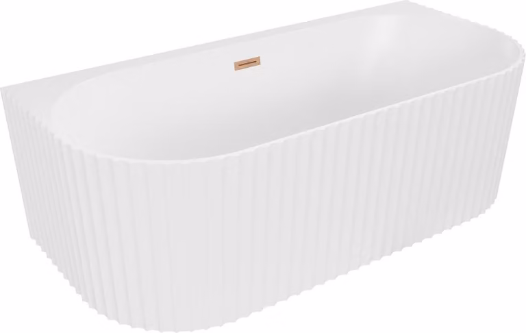 Mexen Sella vasca da bagno autoportante scanalata a parete 170 x 80 cm, bianco opaco, troppopieno in rame spazzolato