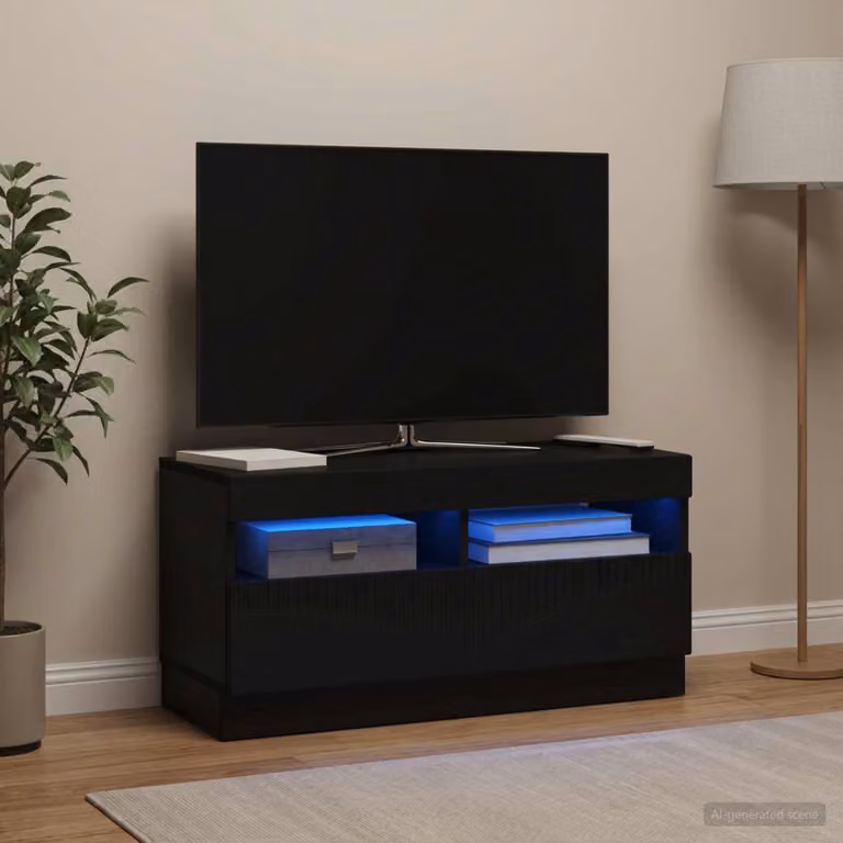 Mobile TV LED vidaXL moderno in legno MDF nero con illuminazione integrata e scomparti multimediali L/P/H: 81 x 35 x 40 cm