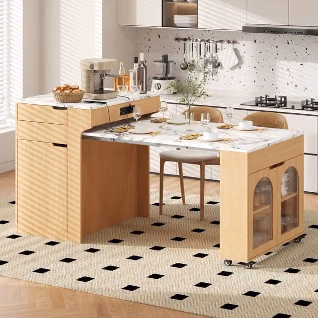 Tavolo allungabile Mivray moderno con prese integrate, 2 cassetti e ruote in MDF e vetro trasparente L/P/H: 55-153 x 80 x 93 cm – 1