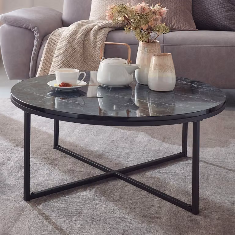 FineBuy Tavolino da salotto Ø 80 cm effetto marmo nero Tavolino da salotto con struttura in metallo Tavolino da divano Tavolino rotondo Tavolino da salotto