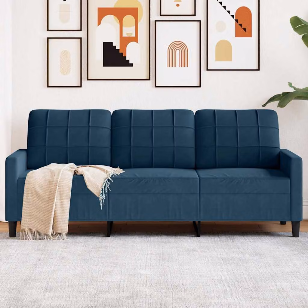 vidaXL Divano a 3 Posti Moderno in Velluto Blu con Struttura in Metallo per Soggiorno L: 197 cm, P: 80 cm, H: 77 cm