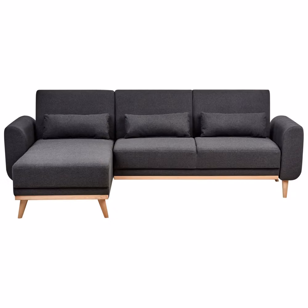 Divano letto ad angolo BELIANI nero con rivestimento in tessuto e gambe in legno di faggio, design moderno con cuscini inclusi e coperture rimovibili, L 258 x P 147 x H 88 cm – 2