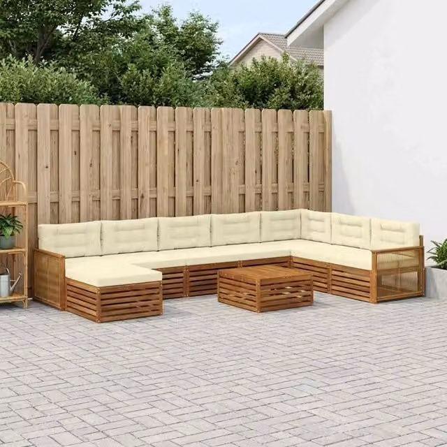 Set di divani da esterno a forma di U vidaXL in legno di acacia con tavolino e pouf, colore marrone e beige