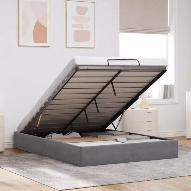 Letto ottomano moderno vidaXL in velluto grigio con contenitore a sollevamento L: 152 cm, P: 203 cm, H: 140 cm – 1